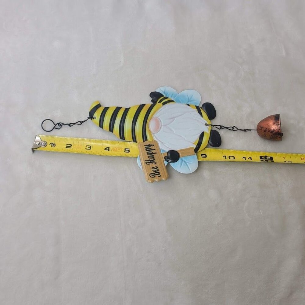 Bee Happy Gnome Metal Hanging Decor with Bell Garden Porch Ornament - Picture 7 of 7